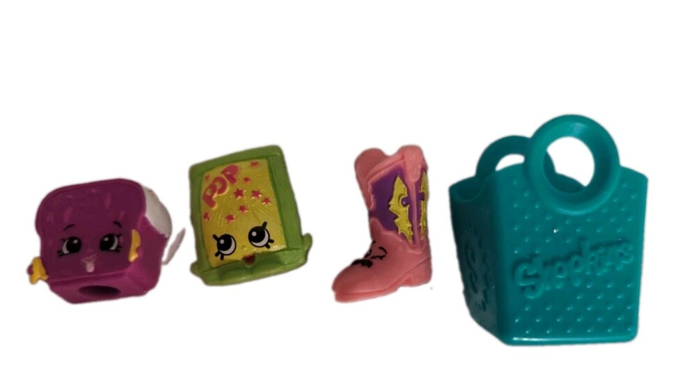 Lot Of 3 Shopkins - Pink Betty Boot, Purple Lana Banana, Green Pop Rock & Basket